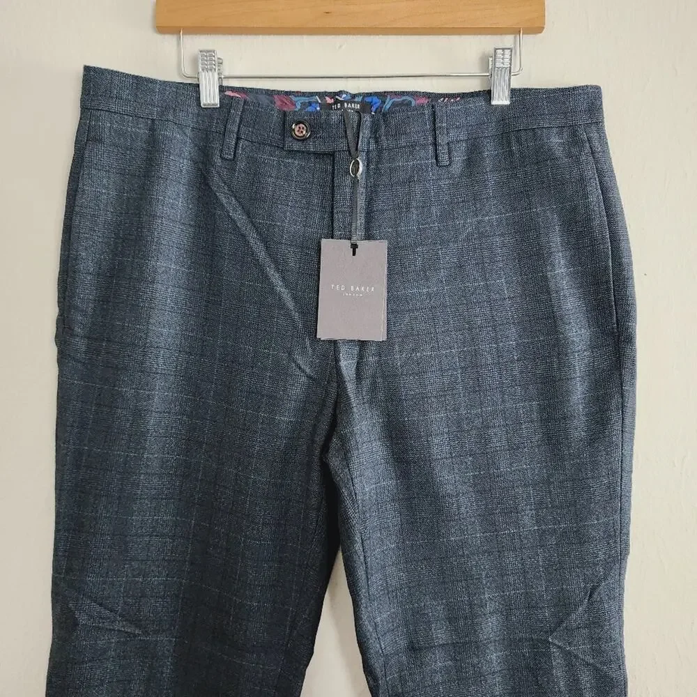 NWT Ted Baker Armtro Tonal Check Dress Pants Italian Wool Blend Blue Grey 38R